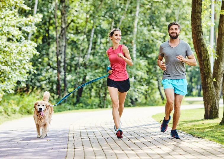 People running with dog