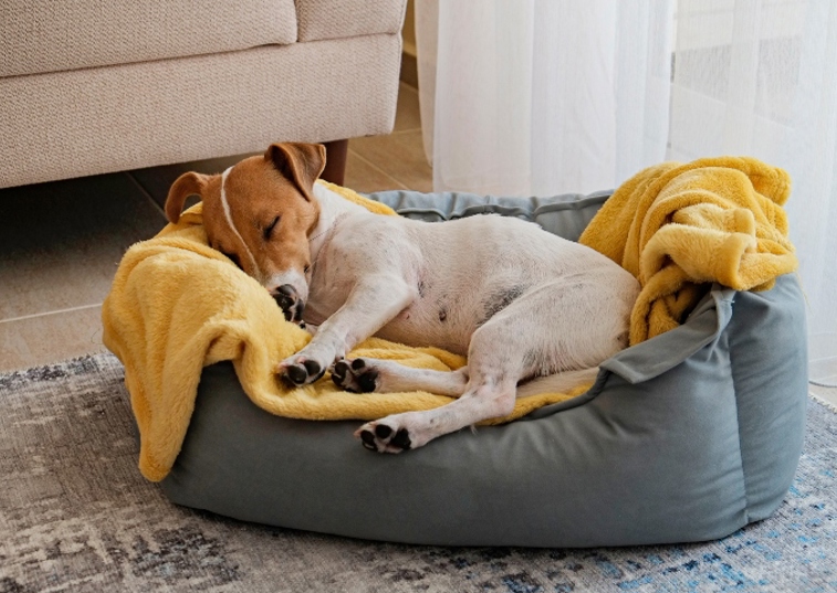 dog laying on a yellow blanket