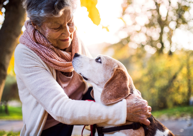 elderly woman hugging a dog