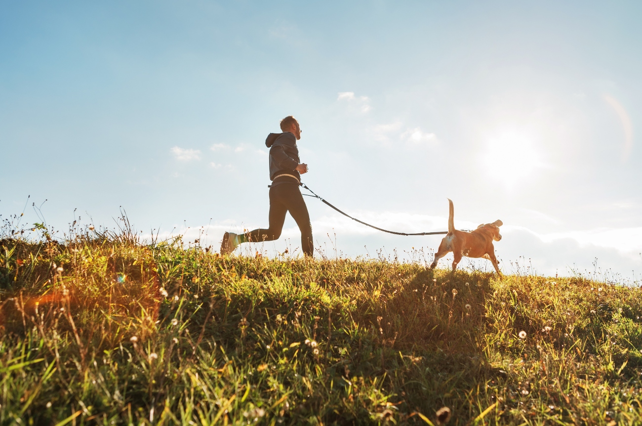 man running with a dog on a lead